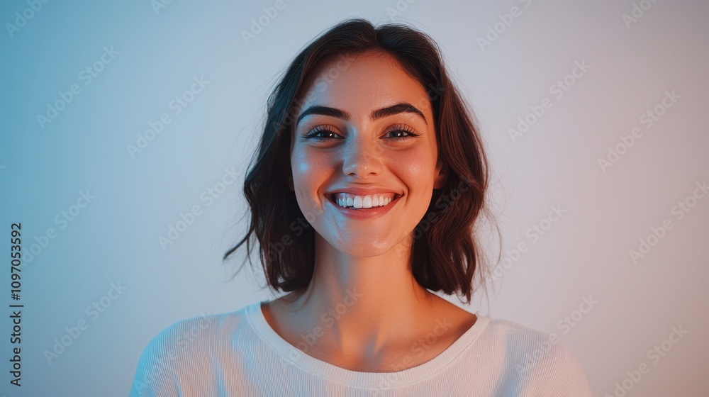 Joyful woman smiling in studio portrait photography bright environment engaging viewpoint positive vibes Joyful woman smiling in studio portrait photography bright environment engaging viewpoint positive vibes