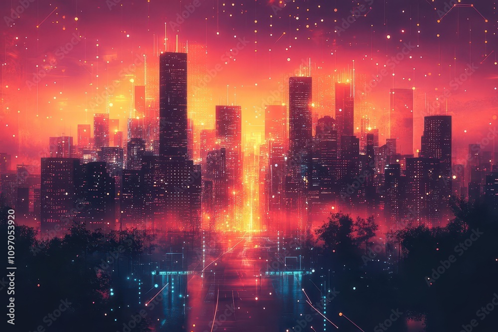 futuristic smart city illustration connected by abstract dots and gradients, showcasing technology and urban development in a vibrant, interconnected landscape futuristic smart city illustration connected by abstract dots and gradients, showcasing technology and urban development in a vibrant, interconnected landscape
