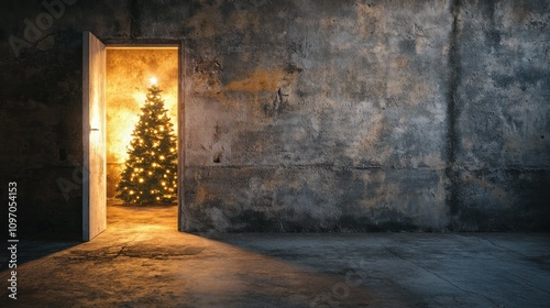 A dimly lit room with an open door revealing a brightly lit Christmas tree.