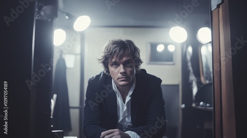 Intense portrait of a young man in a suit backstage photography studio environment close-up emotional depth