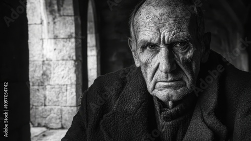 Portrait of an elderly man historical location black and white photography dramatic lighting introspective mood