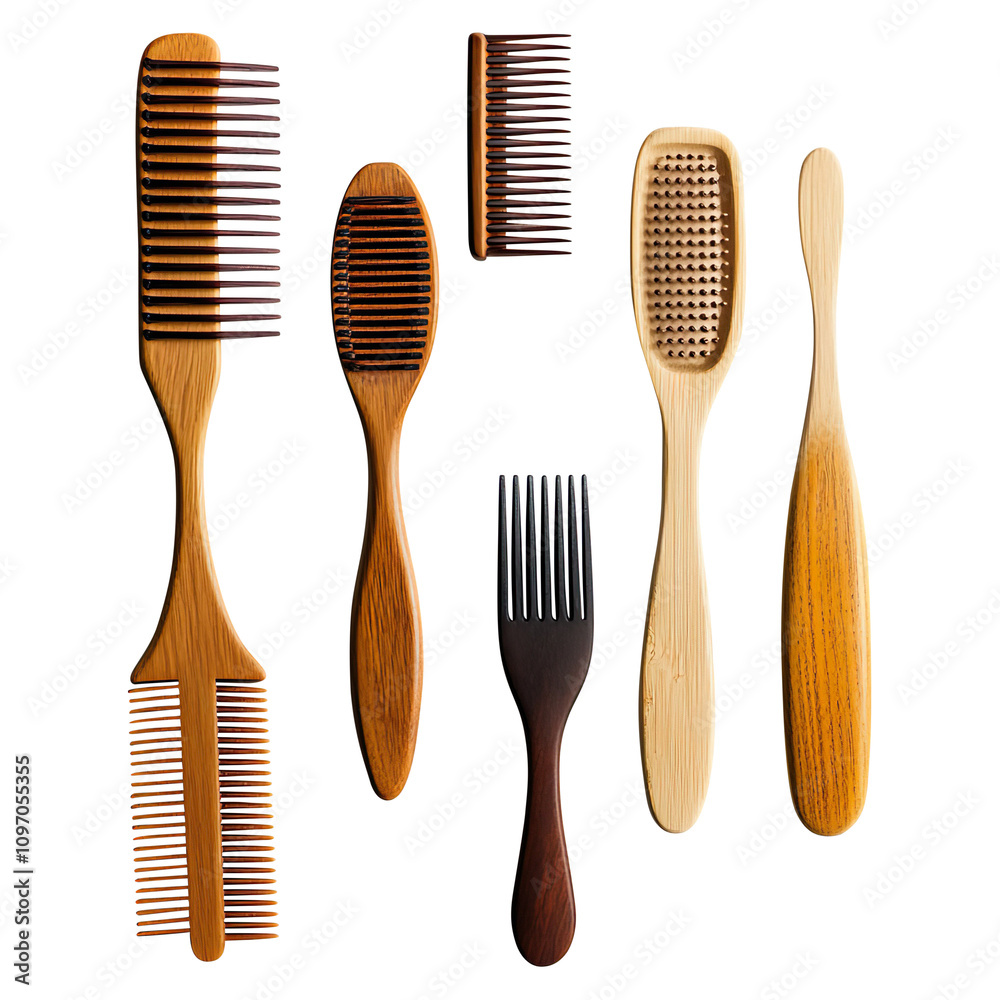 Assorted Wooden and Plastic Combs and Brushes on a Transparent Background Assorted Wooden and Plastic Combs and Brushes on a Transparent Background