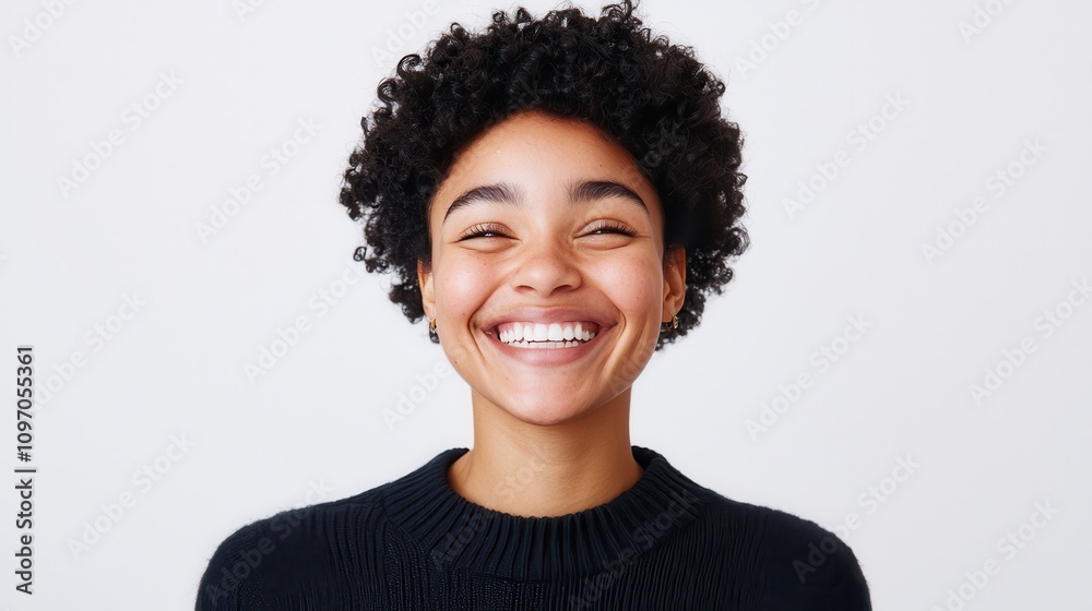 Joyful woman smiling studio setting portrait photography bright environment close-up view happiness concept
