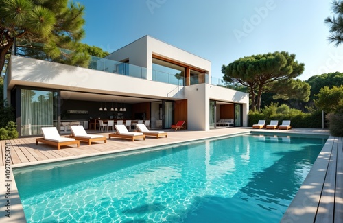 Wallpaper Mural Modern villa boasts infinity pool sunbeds. Luxury home patio offers relaxation. Mediterranean house architecture. Summer vacation destination. Ideal for travel holiday brochures. Torontodigital.ca