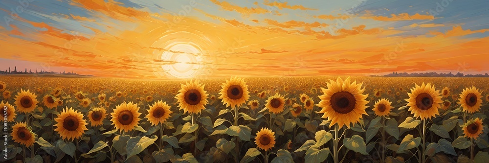 Fototapeta premium Wide Sunflower at the Sunset painting illustration image, Wide painting for wide wall.