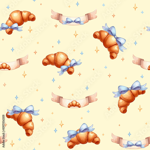 Vector seamless pattern with sweet buns with blue ribbons, croissants on a soft yellow background, elegant bakery design for dessert packaging, cafe decor, cozy treats, universal food-themed backdrop.