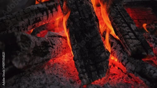 Close-up of burning logs in a fire in the backyard of a house, real-time video, cozy night fires