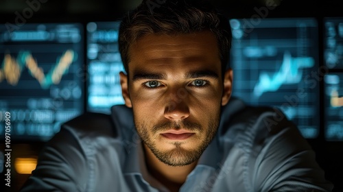 Financial analyst analyzing market trends trading floor professional portrait dimly lit focused concept for growth