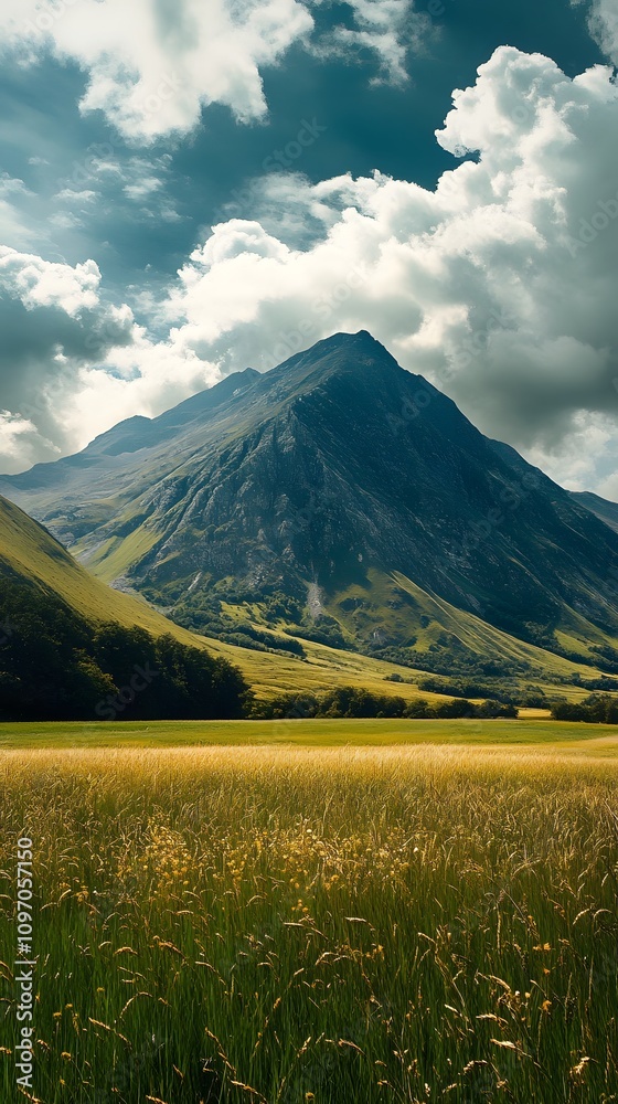 Fototapeta premium Majestic mountain landscape with lush fields under a dramatic sky.