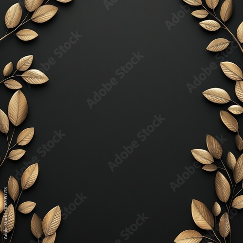 Elegant gold foliage framing dark background with space for text photo