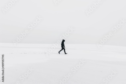 Individual walks through a snowy landscape evoking minimalism with hints of chaos