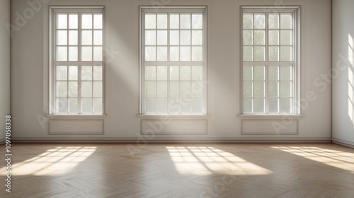 Bright, empty room with three large windows casting shadows on the wooden floor.