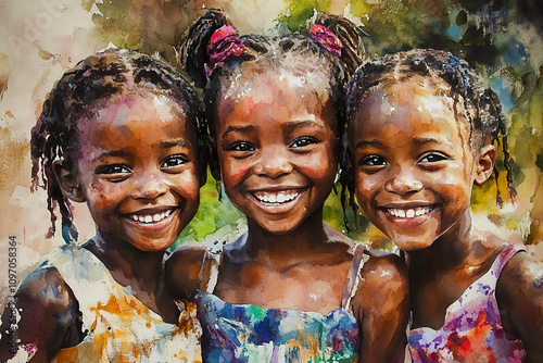 A drawing of African girls who smile and stand together.