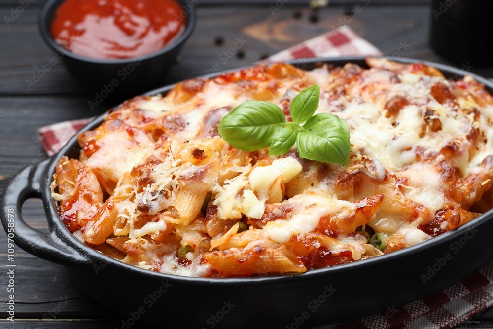 Delicious al forno pasta in baking dish on wooden table, closeup Delicious al forno pasta in baking dish on wooden table, closeup