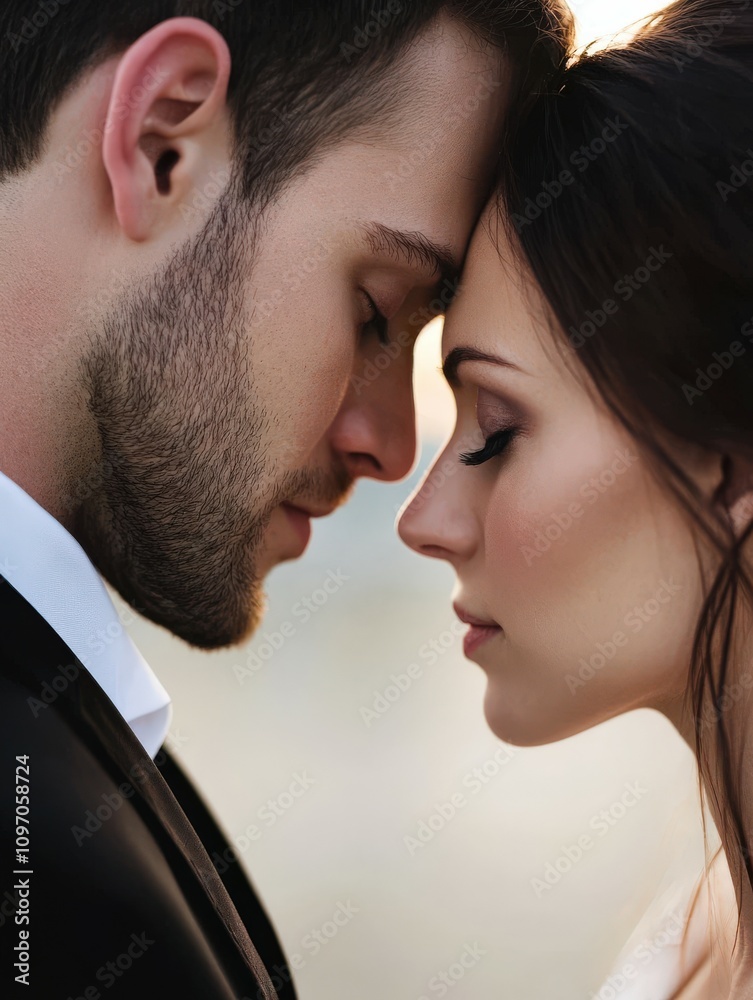 Couple embraces intimate moment during sunset backdrop Couple embraces intimate moment during sunset backdrop