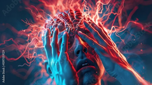 Migraine: The Aura and Visual Disturbances of Severe Headache - Visualize a scene where a person experiences visual disturbances and aura before a severe migraine headache  photo