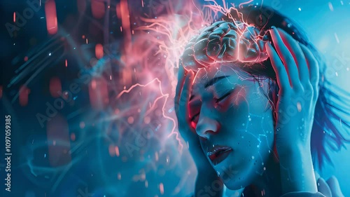 Migraine: The Throbbing Headache and Sensitivity to Light - Imagine a person with highlighted brain showing vascular changes, experiencing throbbing headache and sensitivity to light  photo