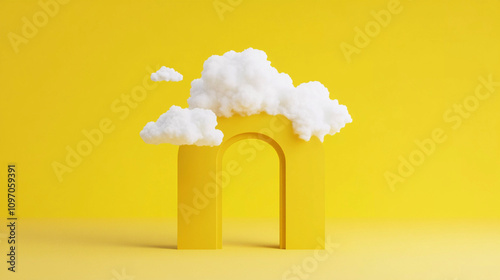 Bright yellow backdrop featuring whimsical clouds and an archway providing a dreamy atmosphere and playful ambiance. Generative AI photo