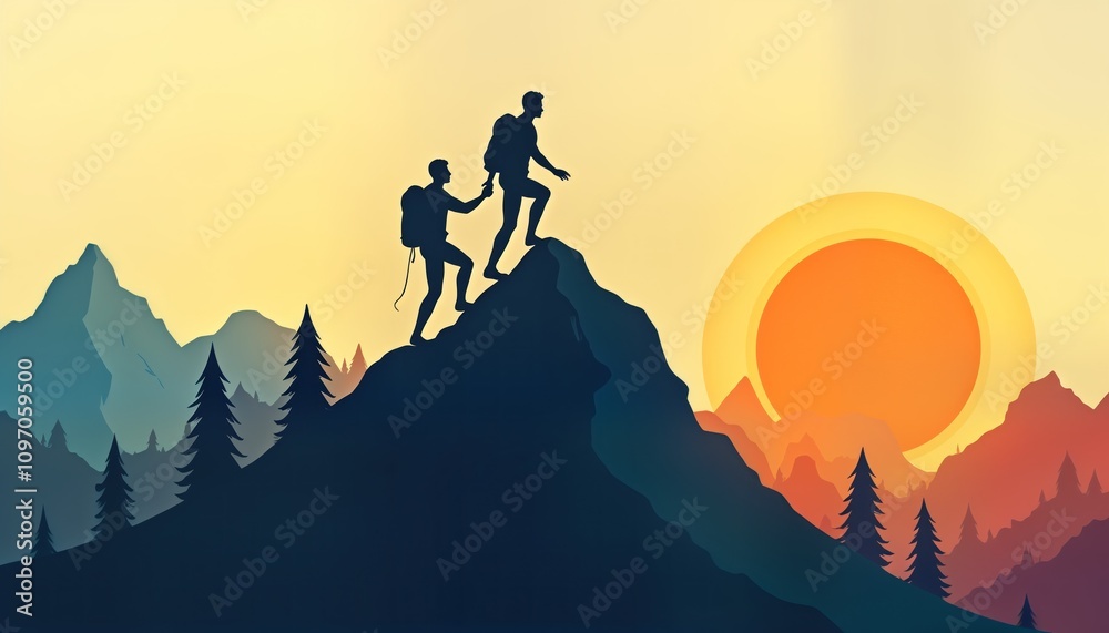 Fototapeta premium Two hikers climb mountain peak. Teamwork helps reach summit. Sunset landscape. Adventure success. Business partnership. Leadership support. Goal achievement.