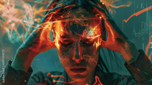 Migraine: The Throbbing Headache and Sensitivity to Light - Imagine a person with highlighted brain showing vascular changes, experiencing throbbing headache and sensitivity to light  photo