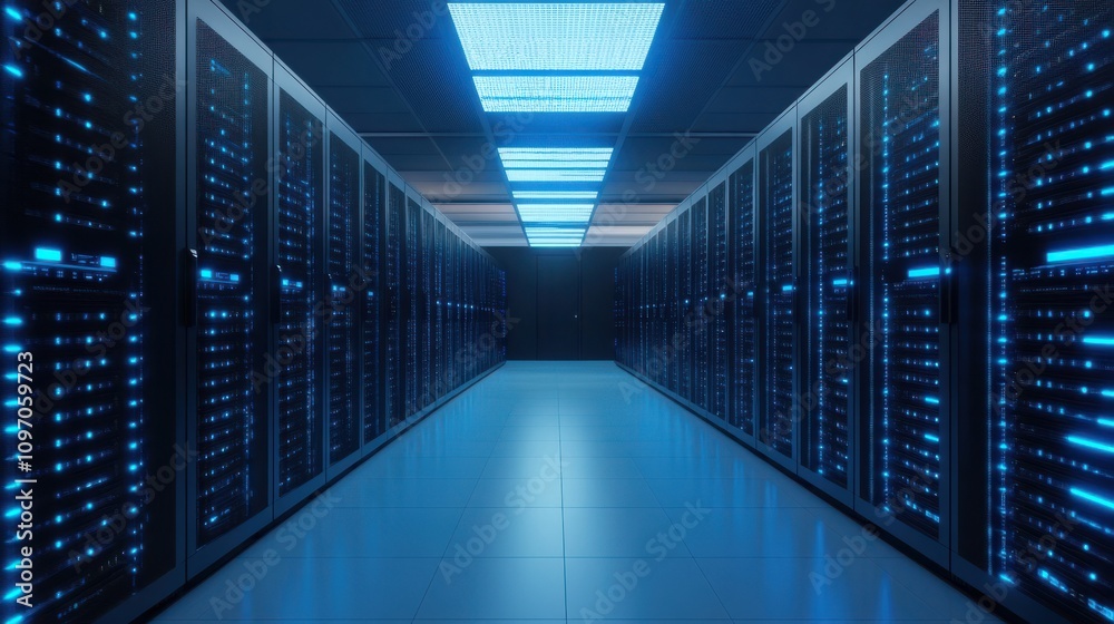 Cybersecurity mitigates risks and secures data. Futuristic Data Center Interior With Rows of Servers Illuminated by Blue LED Lights Cybersecurity mitigates risks and secures data. Futuristic Data Center Interior With Rows of Servers Illuminated by Blue LED Lights