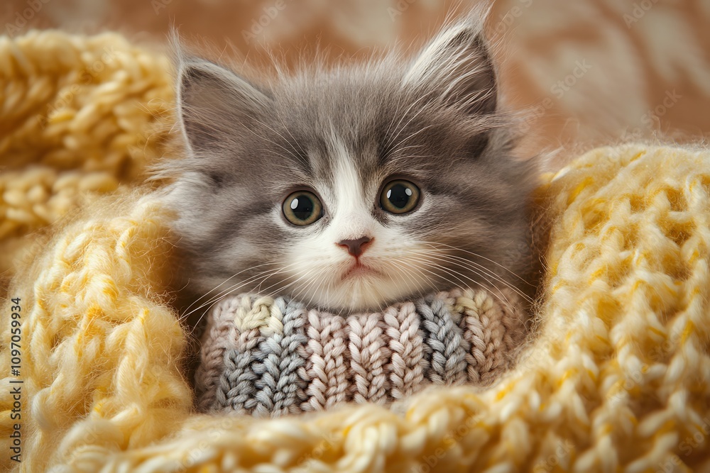 Naklejka premium cute kitten resting on a cozy blanket with fluffy fur and adorable eyes in warm winter vibes