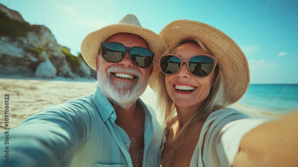 Smiling couple takes a selfie on a sunny beach, enjoying a perfect vacation day. Smiling couple takes a selfie on a sunny beach, enjoying a perfect vacation day.