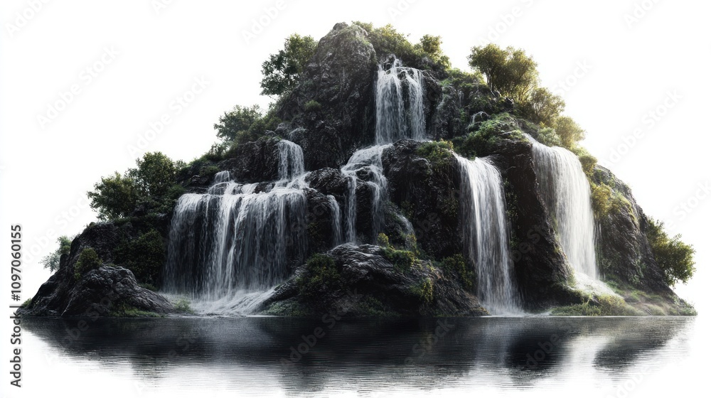 Obraz premium A realistic photograph of a mountain with cascading waterfalls, isolated on white.