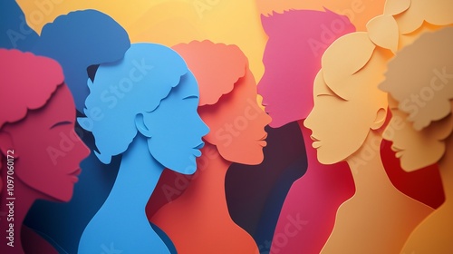 Vibrant paper cutout silhouettes of diverse faces facing each other in a colorful abstract design. photo