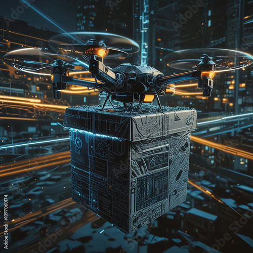 A delivery drone delivers a parcel in an urban environment