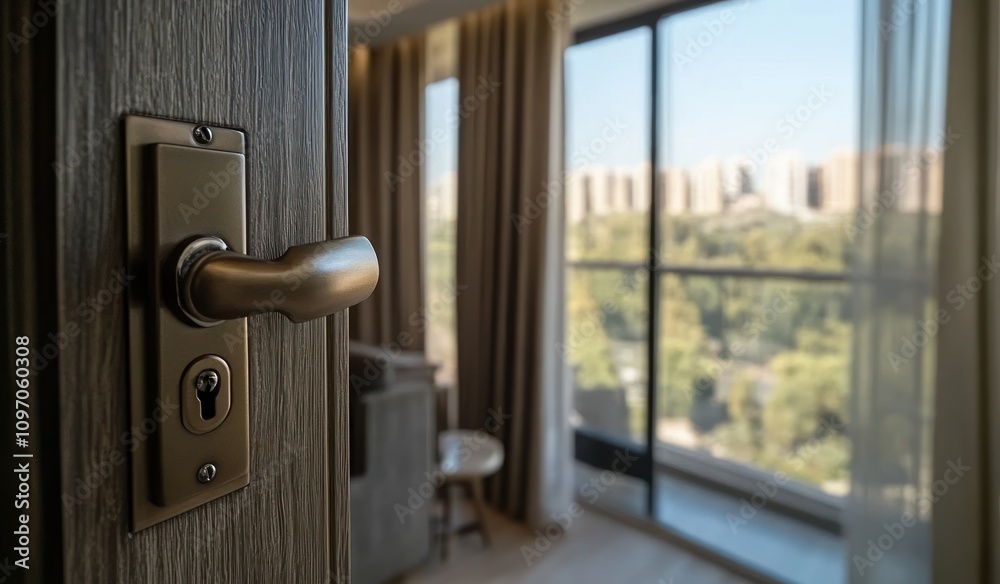 A close-up of a door handle leading to a room with a scenic view outside. A close-up of a door handle leading to a room with a scenic view outside.