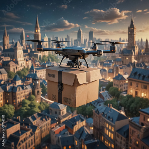 A delivery drone delivers a parcel in an urban environment