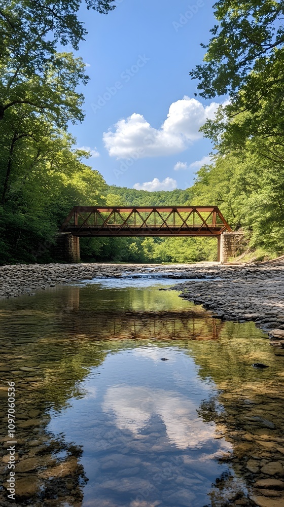 Scenic view of a red-truss bridge reflected in calm waters under a blue sky. Scenic view of a red-truss bridge reflected in calm waters under a blue sky.