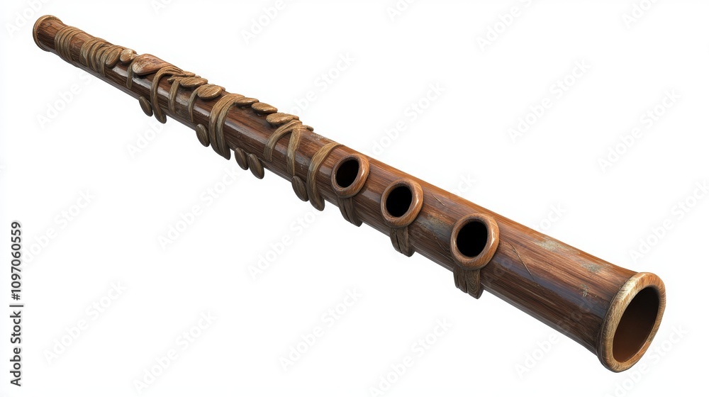 Ancient wooden flute with intricate carvings and holes Ancient wooden flute with intricate carvings and holes