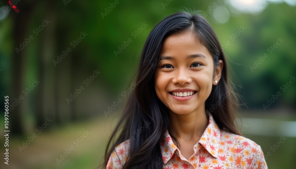 Smiling Indonesian girl outdoor portrait. Closeup happy young woman. Natural beauty. Radiant face. Long dark hair. Diverse ethnic model. Fresh vibrant look. Perfect for social media marketing print Smiling Indonesian girl outdoor portrait. Closeup happy young woman. Natural beauty. Radiant face. Long dark hair. Diverse ethnic model. Fresh vibrant look. Perfect for social media marketing print
