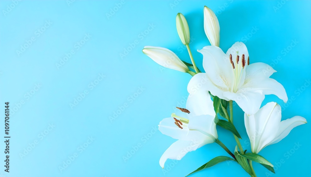Fresh white lilies on blue background, flat lay, top view, copy text space Fresh white lilies on blue background, flat lay, top view, copy text space