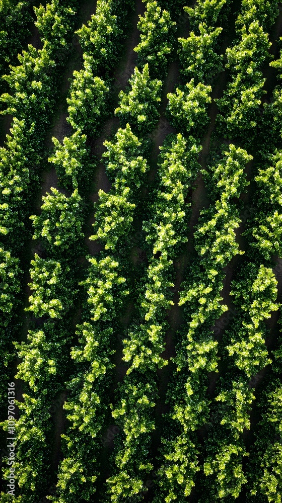 Aerial view of vibrant green tree rows in a well-maintained orchard. Aerial view of vibrant green tree rows in a well-maintained orchard.