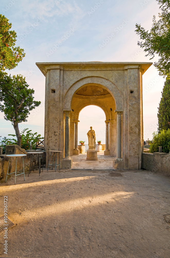 The photo showcases the scenic villas of Ravello and its surroundings, set atop cliffs with panoramic views, lush gardens, and charming architecture that capture the essence of Italy’s Amalfi Coast.