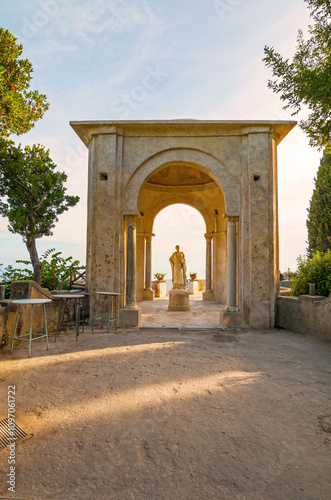 The photo showcases the scenic villas of Ravello and its surroundings, set atop cliffs with panoramic views, lush gardens, and charming architecture that capture the essence of Italy’s Amalfi Coast. photo