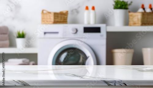 Empty blank white marble tabletop on blurred background of a laundry room with modern washing machine, product placement and copy text space