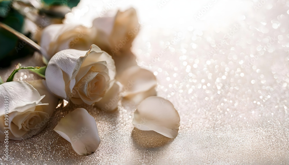 White rose and petals on sparkling glitter background, flat lay, top view, copy text space White rose and petals on sparkling glitter background, flat lay, top view, copy text space