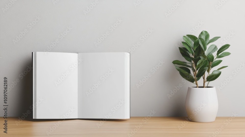 Preview designs with mockup templates. Minimalistic Interior Scene Featuring an Open Blank Book Beside a Potted Plant Against a Soft Gray Wall Preview designs with mockup templates. Minimalistic Interior Scene Featuring an Open Blank Book Beside a Potted Plant Against a Soft Gray Wall