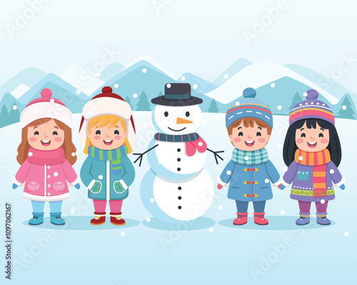 Merry Christmas concept. Cute and friendly multinational children holding hands and snowman under snow. Poster, Banner, Flyer, Greeting Card. Vector illustration in flat cartoon style