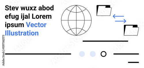Features a globe icon, text block, two folder icons with exchange arrows, lines, and circles in black and blue. Ideal for data transfer, global connectivity, file sharing, communication, information