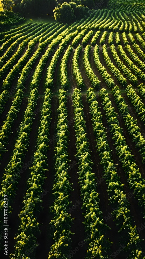Fototapeta premium Aerial view of lush green vineyard rows under golden sunlight.