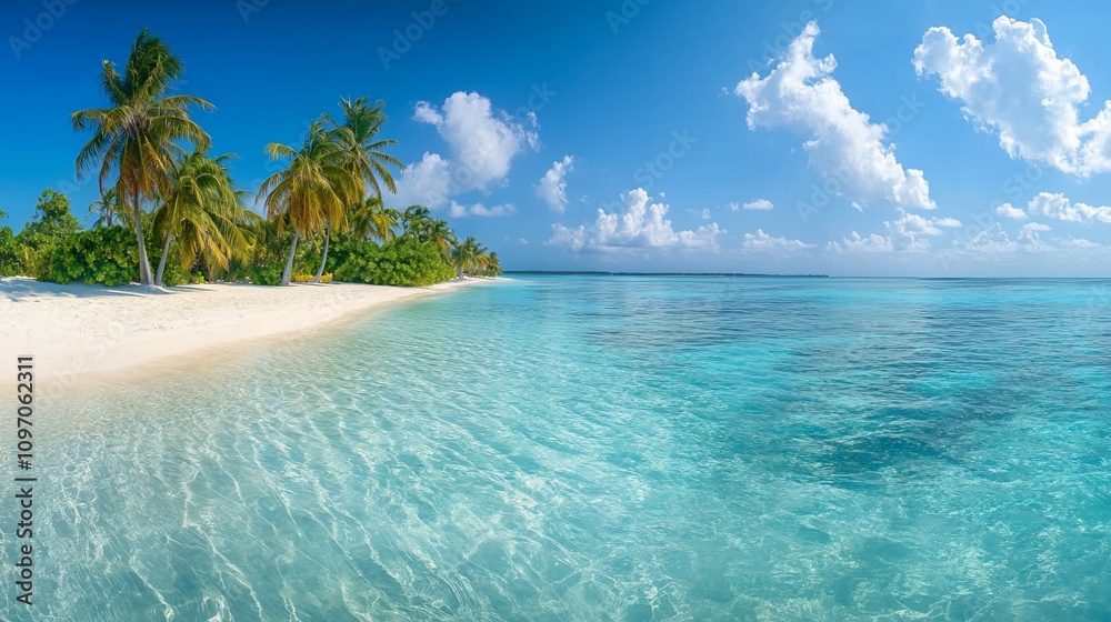 Fototapeta premium Idyllic tropical beach with palm trees, crystal-clear turquoise water, and white sand.
