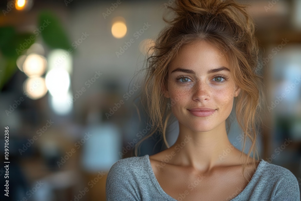 happy female entrepreneur working diligently in her office, emanating confidence and determination while looking directly at the camera, showcasing modern work culture