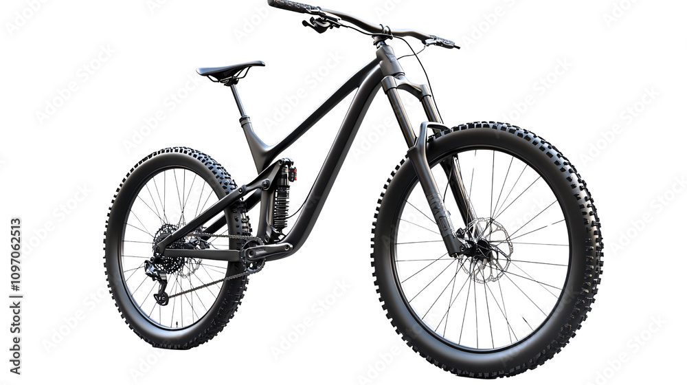 Black mountain bike with full suspension, disc brakes, and wide tires isolated on transparent or white background. Generative ai Black mountain bike with full suspension, disc brakes, and wide tires isolated on transparent or white background. Generative ai