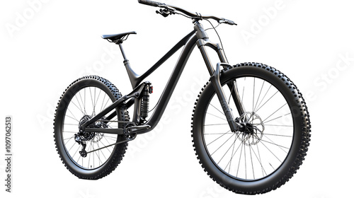 Black mountain bike with full suspension, disc brakes, and wide tires isolated on transparent or white background. Generative ai