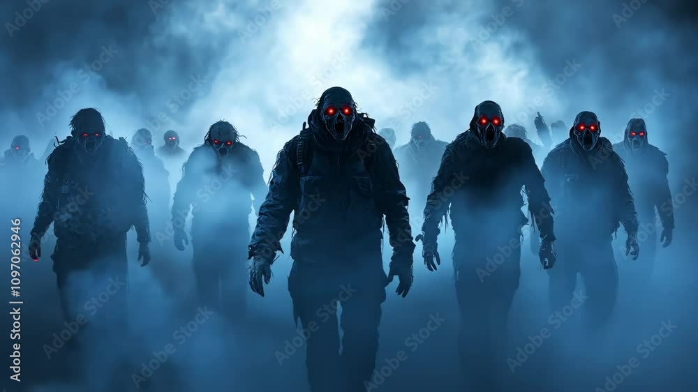 Nightmarish horde of undead shuffles through eerie fog